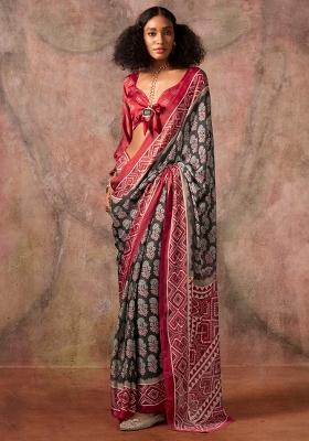 Black Printed Satin Saree Set
