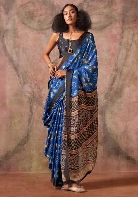 Blue Printed Satin Saree Set