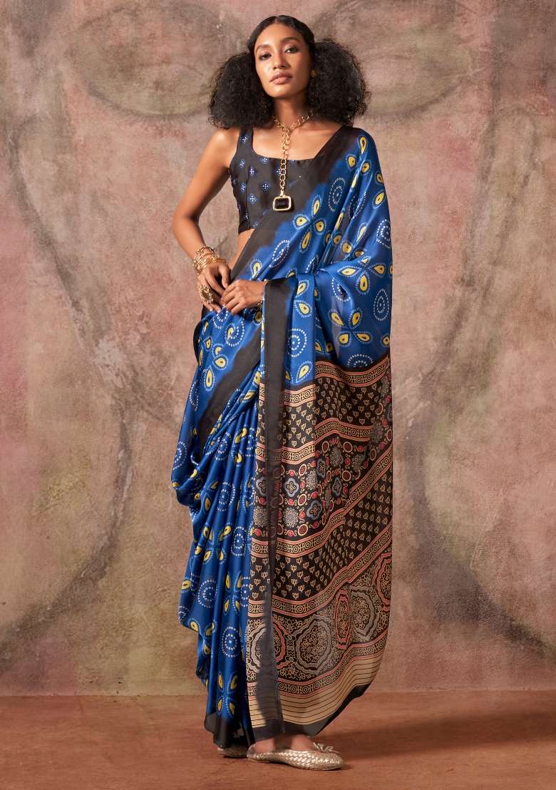 Blue Printed Satin Saree Set - Indya