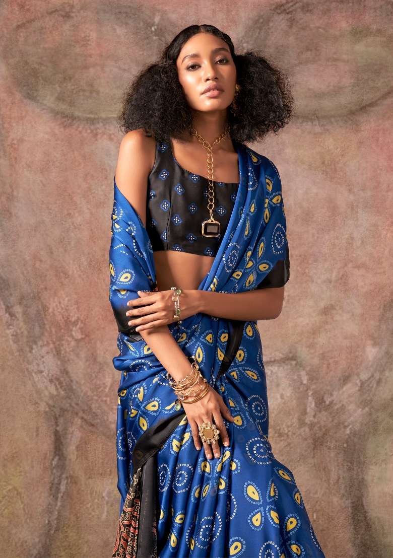 Blue Printed Satin Saree Set - Indya