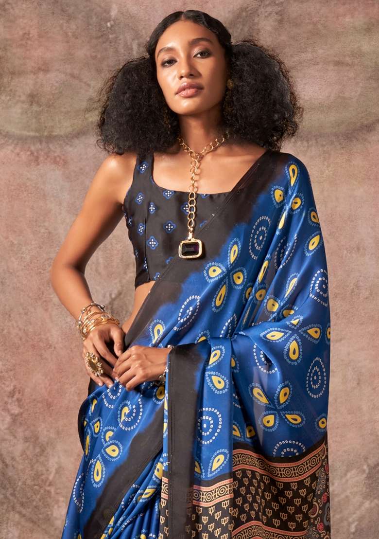Blue Printed Satin Saree Set - Indya