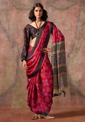 Maroon Printed Satin Saree Set