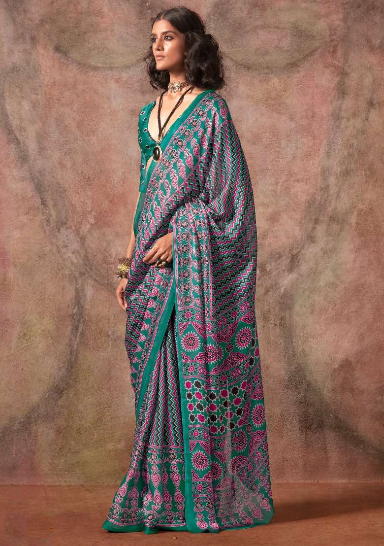 Teal Blue Printed Satin Saree Set - Indya