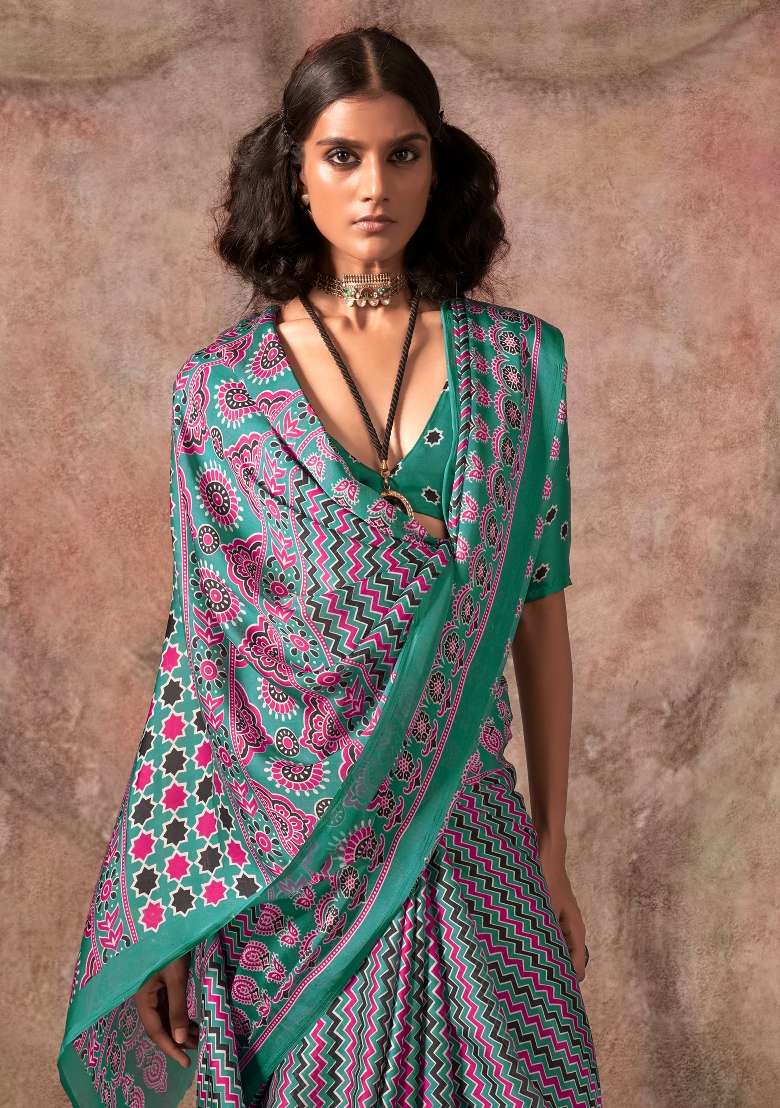 Teal Blue Printed Satin Saree Set - Indya