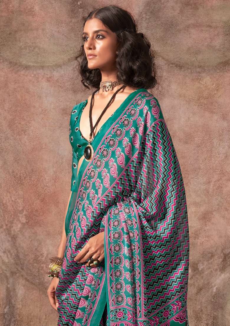 Teal Blue Printed Satin Saree Set - Indya