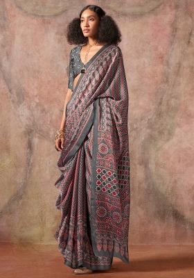 Grey Printed Satin Saree Set