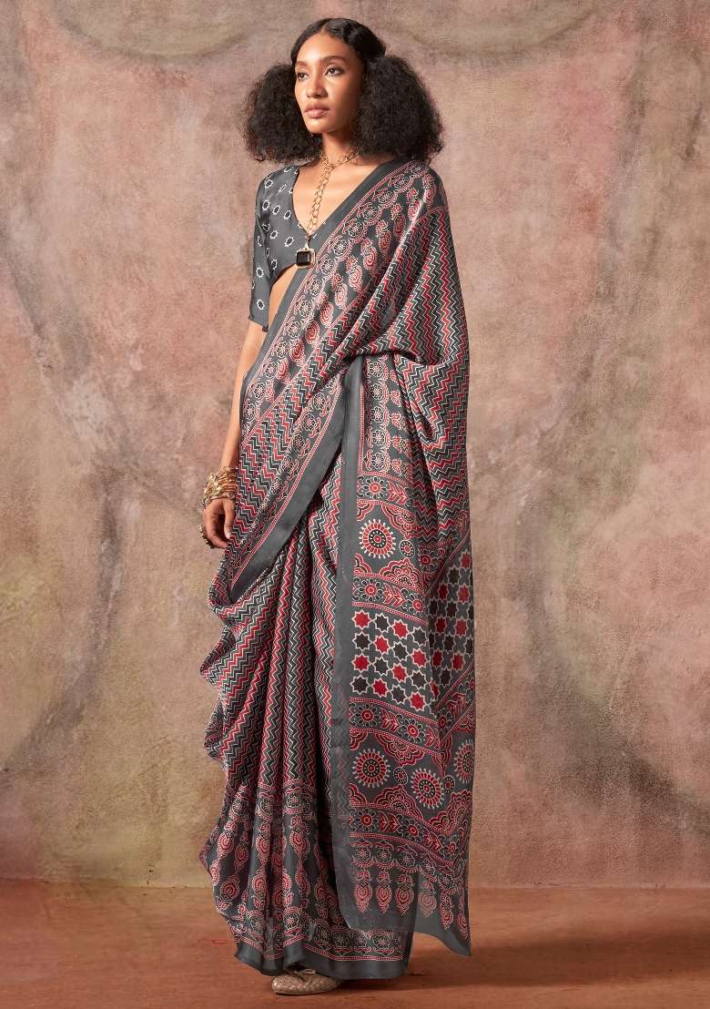 Grey Satin Saree Set with Printed for Diwali | Wedding & Festive Wear - Indya