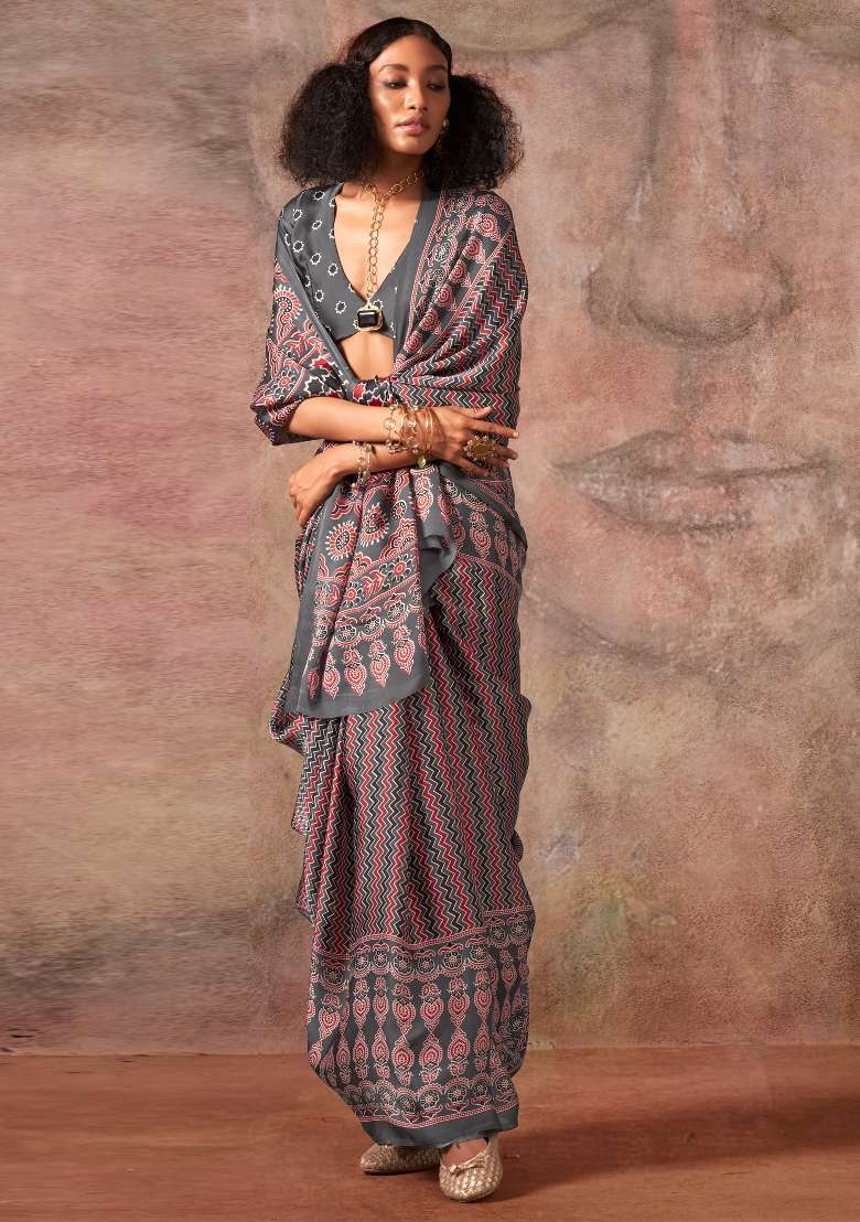 Grey Satin Saree Set with Printed for Diwali | Wedding & Festive Wear - Indya