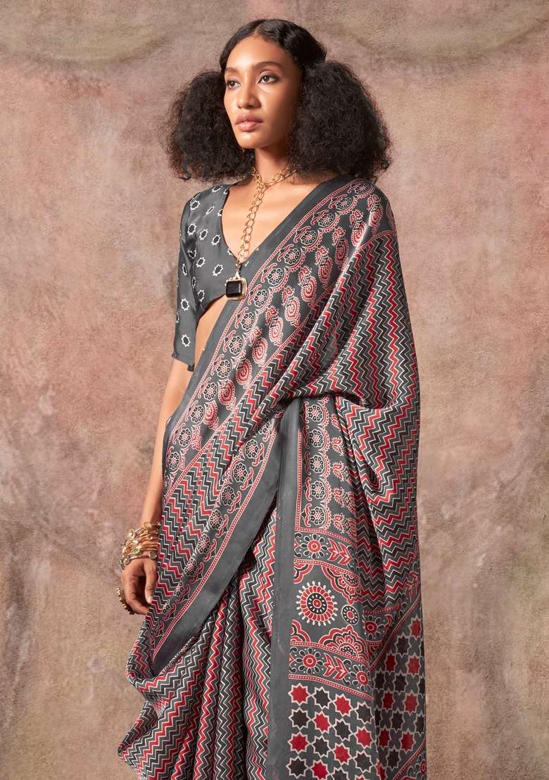 Grey Satin Saree Set with Printed for Diwali | Wedding & Festive Wear - Indya