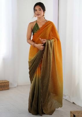 Multicolored Printed Satin Silk Saree Set