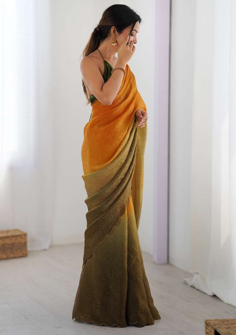 Multicolored Printed Satin Silk Blend Saree Set for Diwali and Festive Wear - Indya