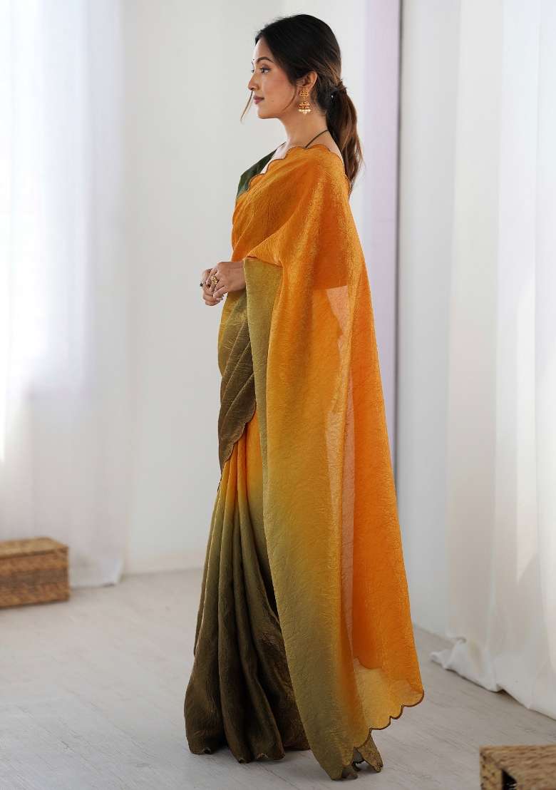 Multicolored Printed Satin Silk Blend Saree Set for Diwali and Festive Wear - Indya