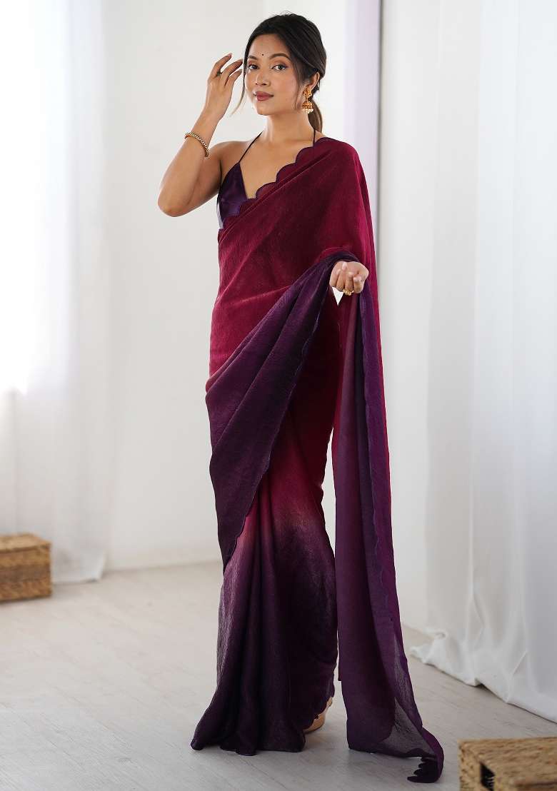 Pink Printed Satin Silk Saree Set - Indya