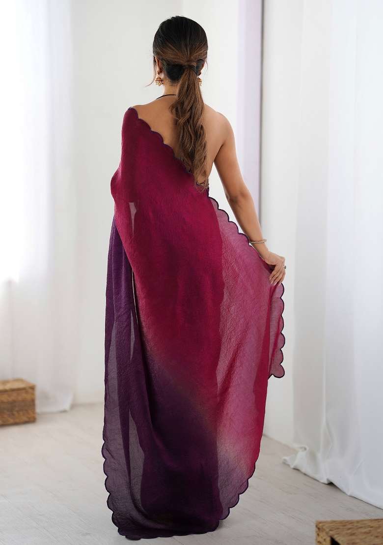 Pink Printed Satin Silk Saree Set - Indya