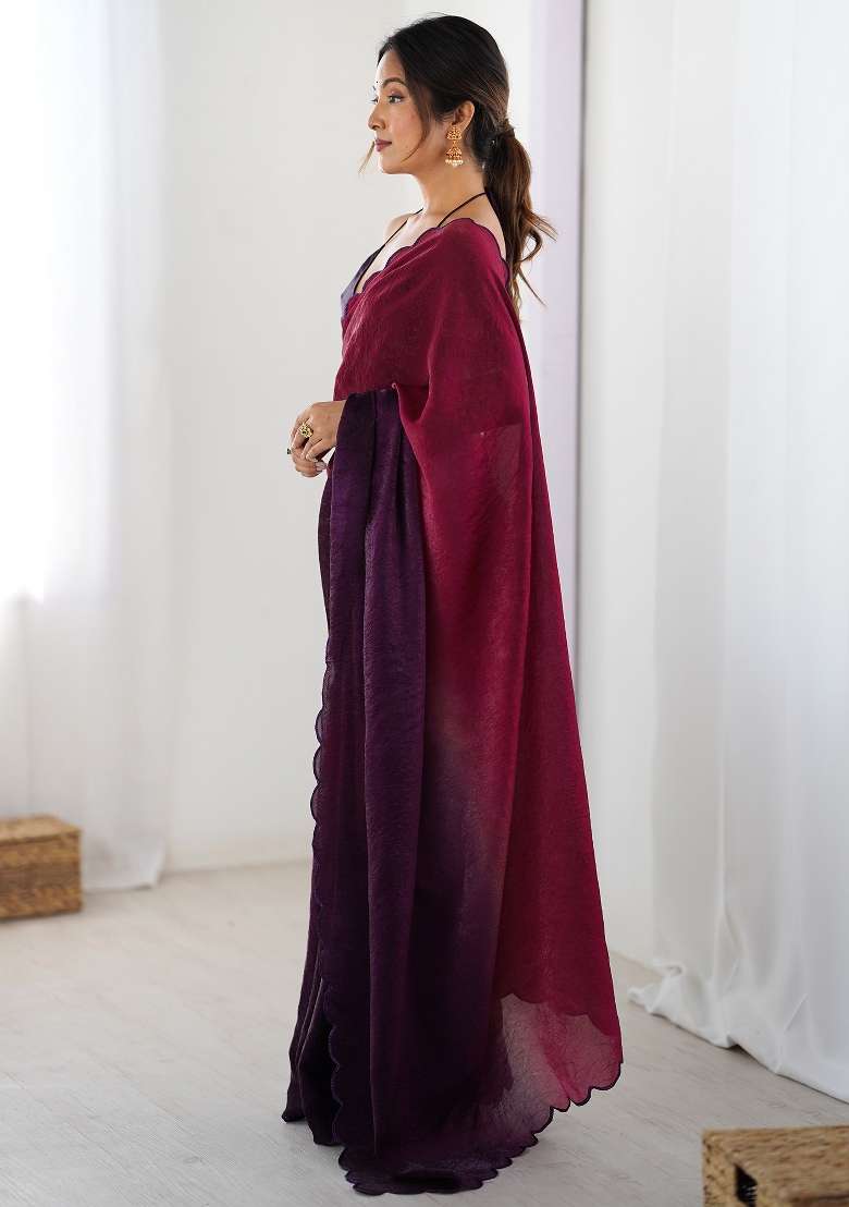 Pink Printed Satin Silk Saree Set - Indya