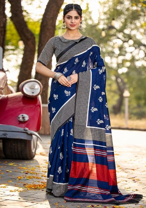 Blue Printed Bhagalpuri Silk Saree Set — view on Indya