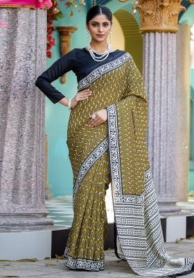 Olive Printed Bhagalpuri Silk Saree Set