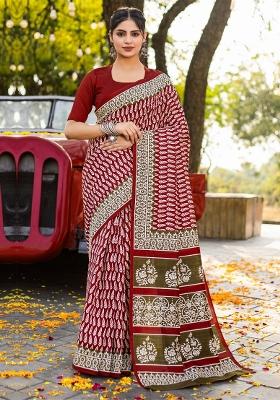 Maroon Printed Bhagalpuri Silk Saree Set