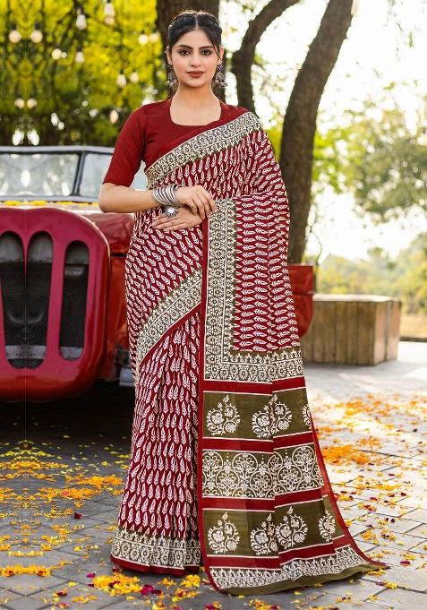 Maroon Printed Bhagalpuri Silk Saree Set — view on Indya