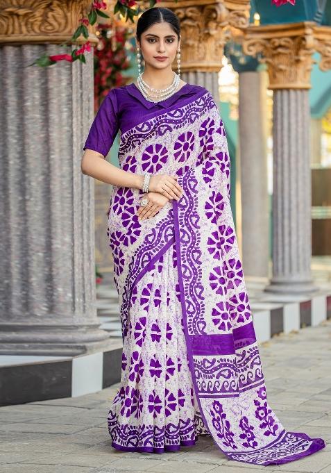 White Printed Bhagalpuri Silk Saree Set — view on Indya