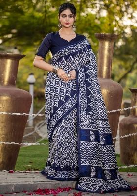 Navy Blue Printed Bhagalpuri Silk Saree Set