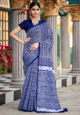 Navy Blue Printed Bhagalpuri Silk Saree Set
