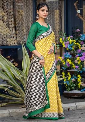 Yellow Printed Bhagalpuri Silk Saree Set