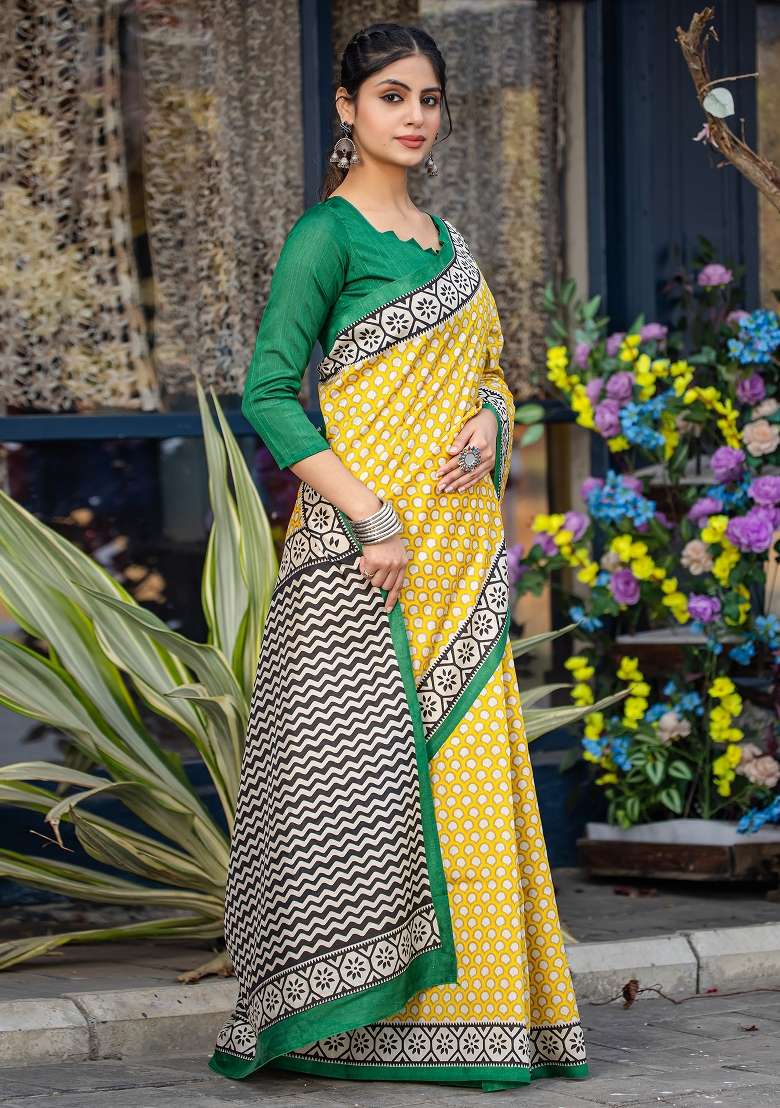 Yellow Printed Bhagalpuri Silk Blend Saree Set - Indya