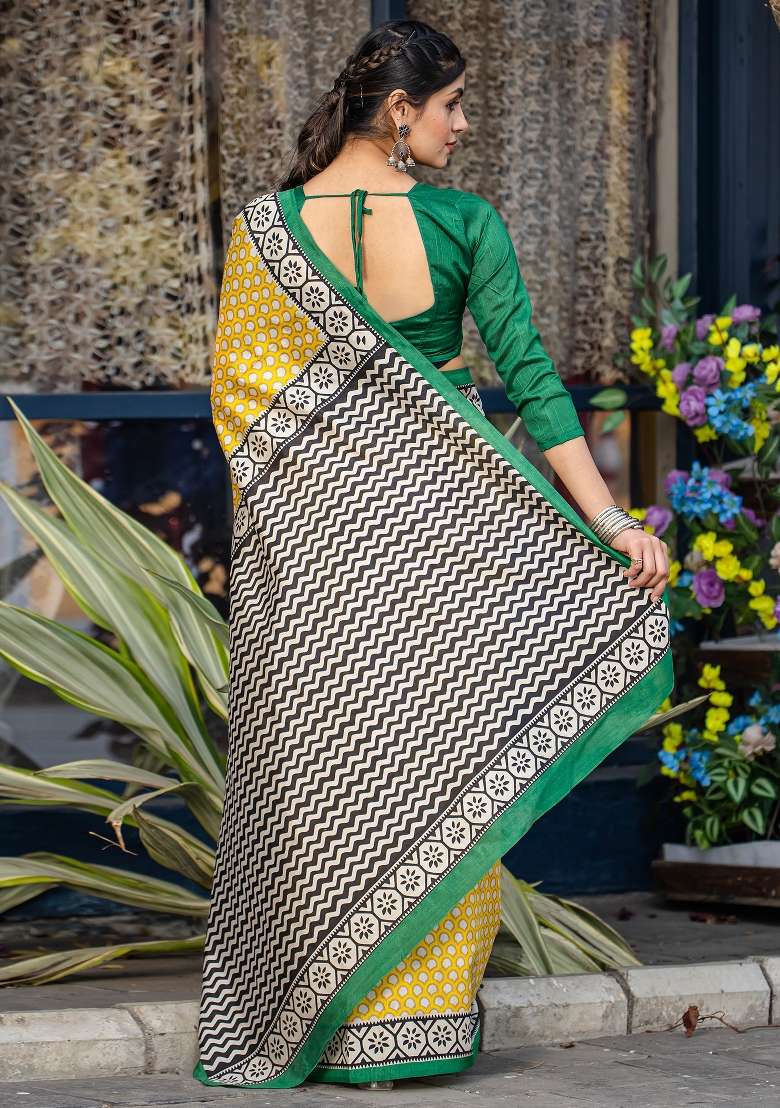 Yellow Printed Bhagalpuri Silk Blend Saree Set - Indya