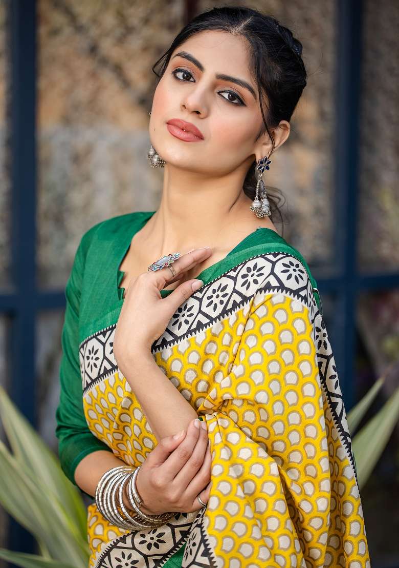 Yellow Printed Bhagalpuri Silk Blend Saree Set - Indya