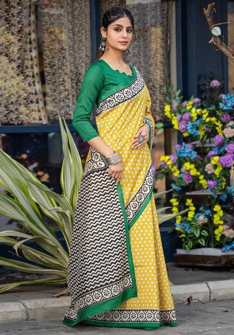 Yellow Printed Bhagalpuri Silk Saree Set — view on Indya