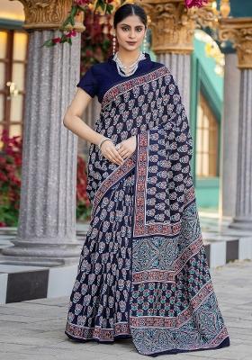 Navy Blue Printed Bhagalpuri Silk Saree Set