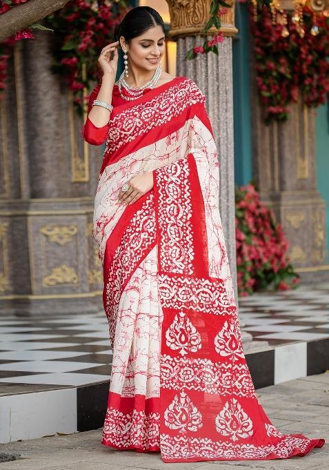 Off White Printed Bhagalpuri Silk Saree Set — view on Indya
