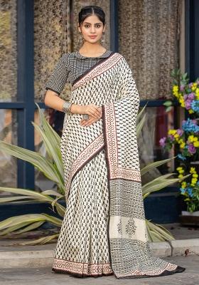 Off White Printed Bhagalpuri Silk Saree Set