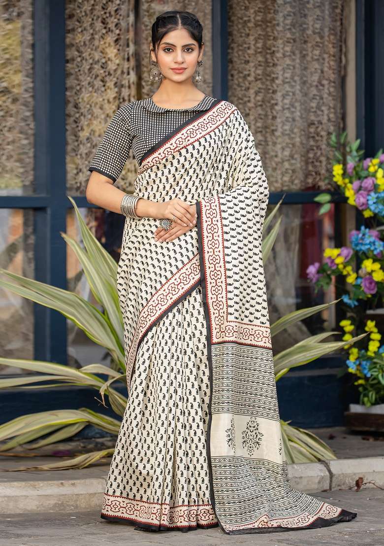Off White Printed Bhagalpuri Silk Blend Saree Set - Indya
