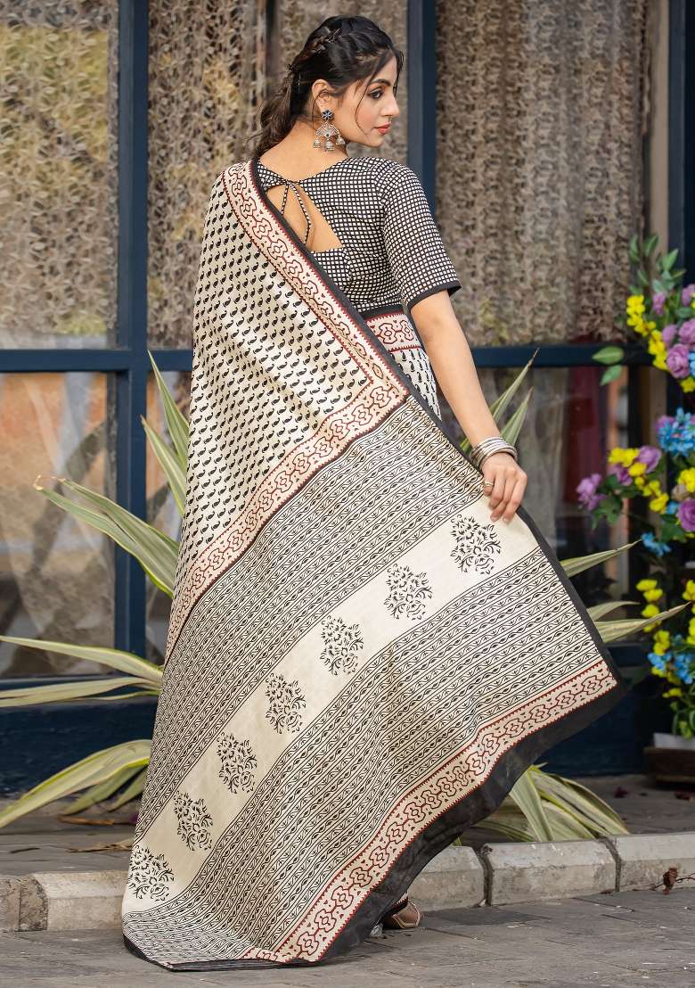 Off White Printed Bhagalpuri Silk Blend Saree Set - Indya