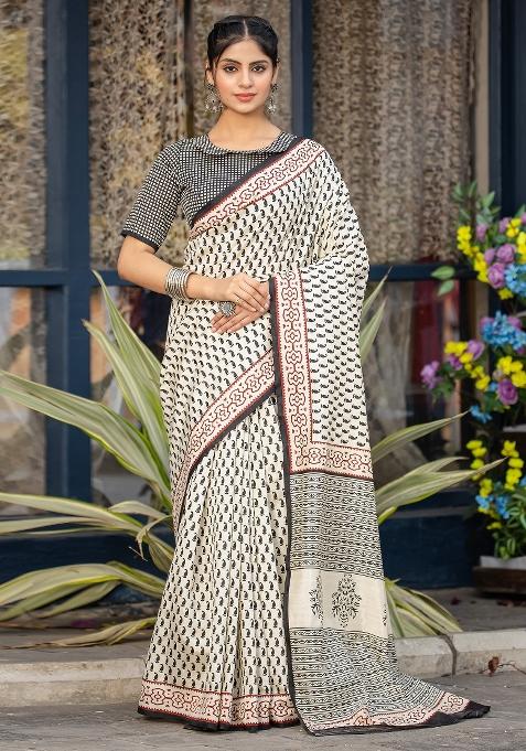 Off White Printed Bhagalpuri Silk Saree Set — view on Indya