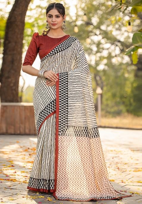 Off White Printed Bhagalpuri Silk Saree Set — view on Indya