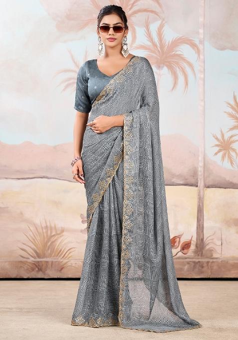 Grey Printed Chiffon Saree Set — view on Indya