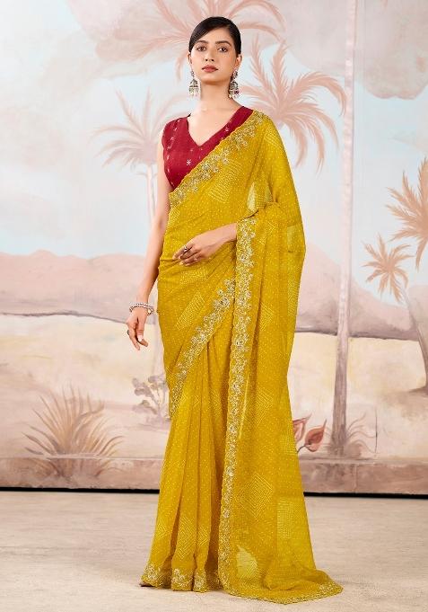 Mustard Printed Chiffon Saree Set