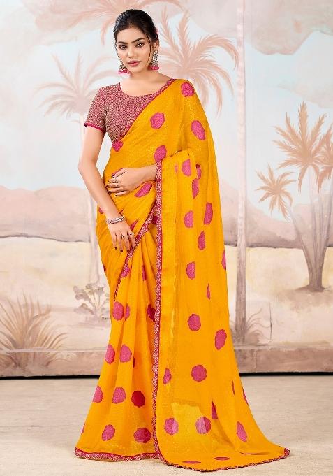 Yellow Printed Chiffon Saree Set