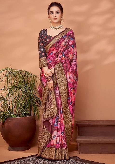 Pink Printed Viscose Saree Set — view on Indya