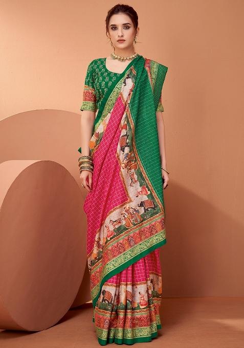 Pink Printed Viscose Saree Set — view on Indya