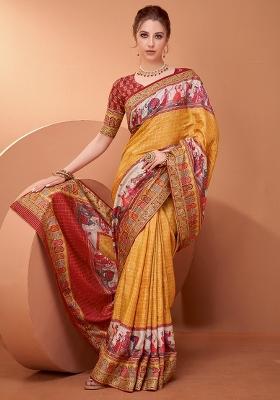 Mustard Printed Viscose Saree Set