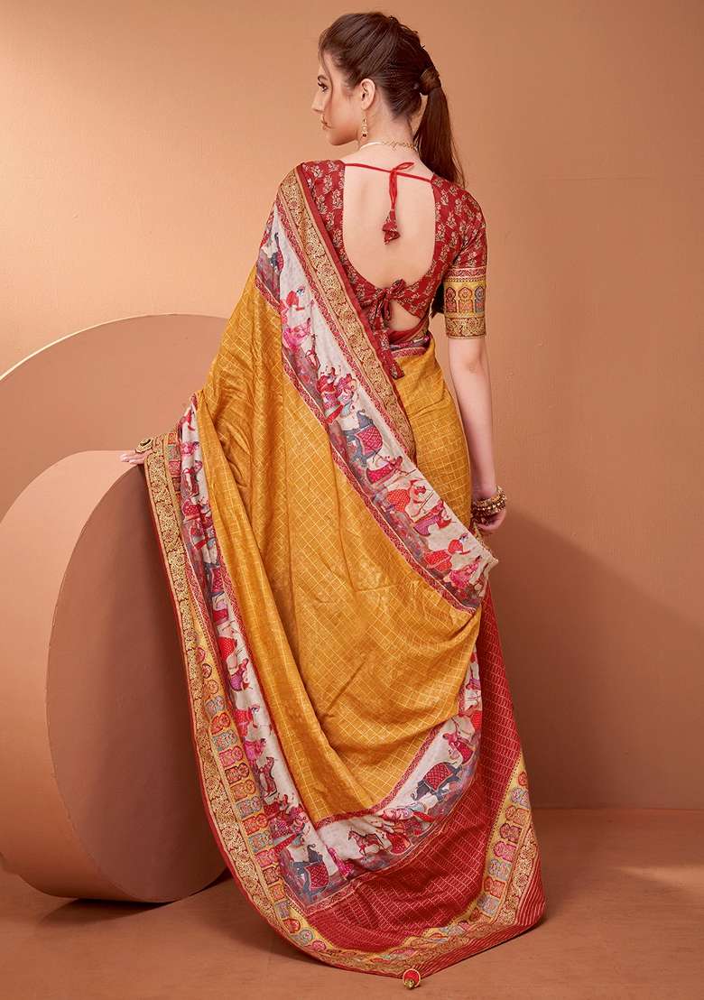 Mustard Printed Viscose Saree Set - Indya