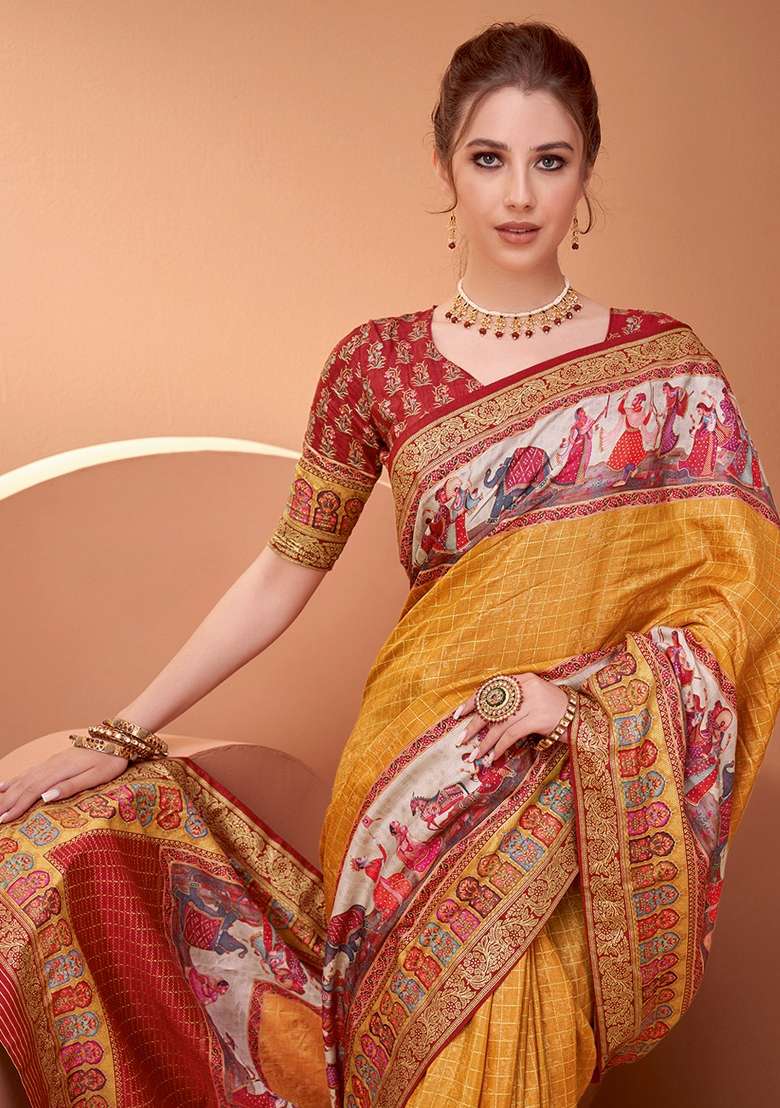 Mustard Printed Viscose Saree Set - Indya