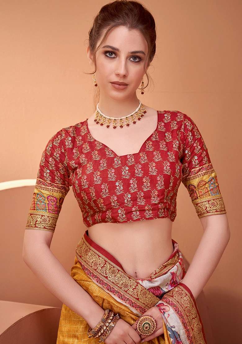 Mustard Printed Viscose Saree Set - Indya