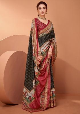 Black Printed Viscose Saree Set