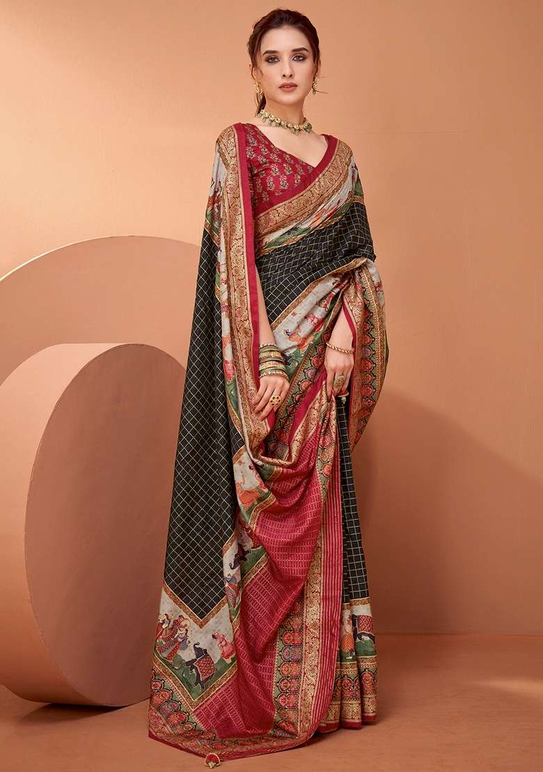 Black Printed Viscose Saree Set - Indya