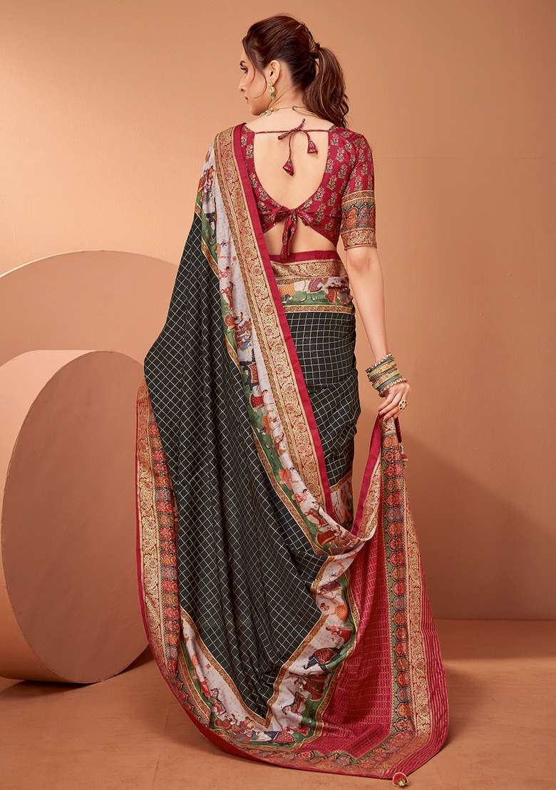 Black Printed Viscose Saree Set - Indya